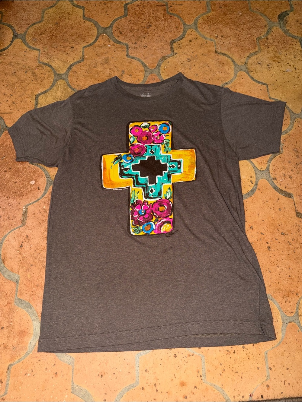 Women’s Texas True brown Graphic Cross T‑Shirt with Colorful Floral Accent